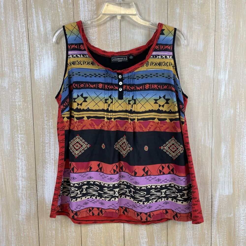 Elementz Women's Sleeveless Blouse Size 1X Geometric Tribal-Print Henley Neck